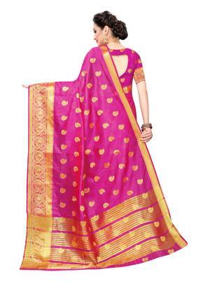 Pink woven chanderi silk saree with blouse 4