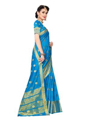Blue Woven Chanderi Silk Saree With Blouse 3