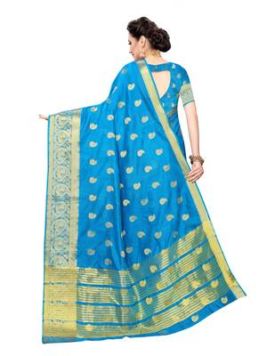 Blue Woven Chanderi Silk Saree With Blouse 4