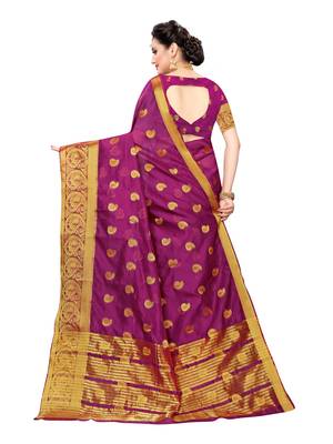 Purple Woven Chanderi Silk Saree With Blouse 4