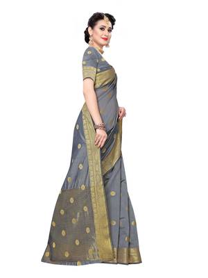 Grey Woven Cotton Silk Saree With Blouse 3