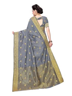 Grey Woven Cotton Silk Saree With Blouse 4