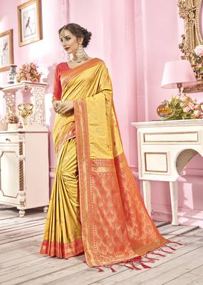 Yellow woven banarasi silk saree with blouse 1