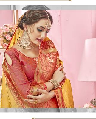 Yellow woven banarasi silk saree with blouse 2