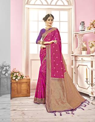 Pink woven banarasi silk saree with blouse 1