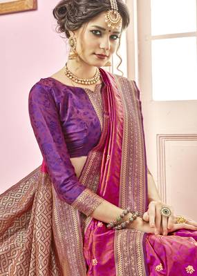 Pink woven banarasi silk saree with blouse 2