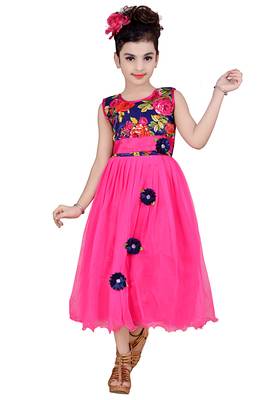 Pink Embroidered Net Kids Girl Gowns 1