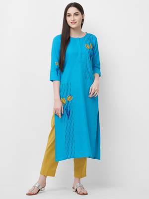Turquoise embroidered cotton ethnic-kurtis 1