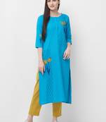 Turquoise embroidered cotton ethnic-kurtis