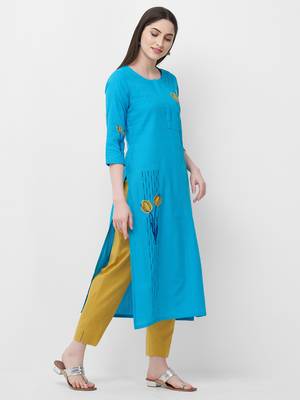 Turquoise embroidered cotton ethnic-kurtis 3