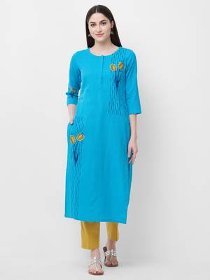 Turquoise embroidered cotton ethnic-kurtis 4
