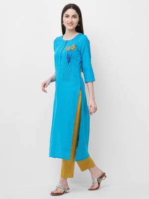 Turquoise embroidered cotton ethnic-kurtis 5