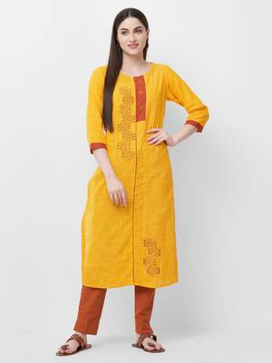 Yellow embroidered cotton ethnic-kurtis 1