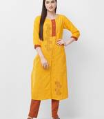 Yellow embroidered cotton ethnic-kurtis