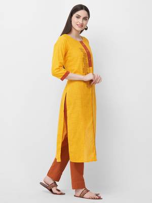 Yellow embroidered cotton ethnic-kurtis 3
