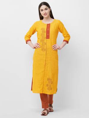 Yellow embroidered cotton ethnic-kurtis 4