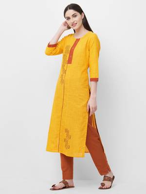 Yellow embroidered cotton ethnic-kurtis 5