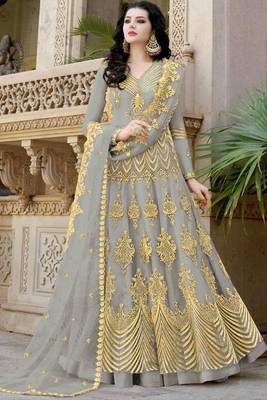 Grey Resham Embroidery Net Salwar 1