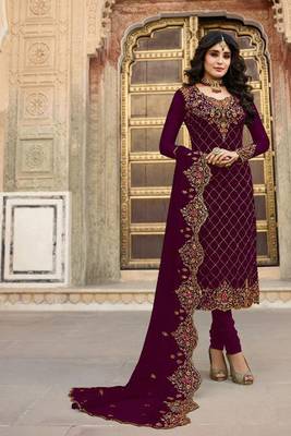 Wine Embroidered Faux Georgette Salwar 1