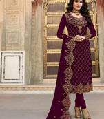 Wine Embroidered Faux Georgette Salwar