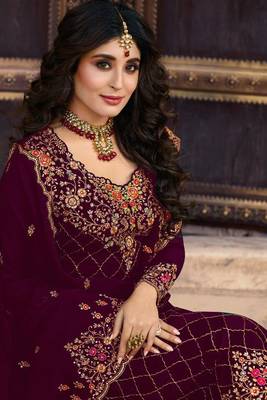 Wine Embroidered Faux Georgette Salwar 2