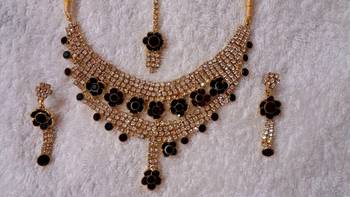 Traditional AD Zircon Stone Green and Red Fancy Stylish Party Wear Wedding necklace earring mangtika set 1