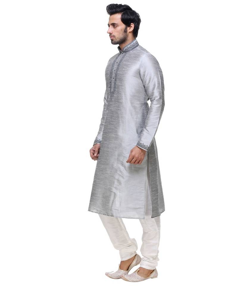 Grey Embroidered Silk Sherwani