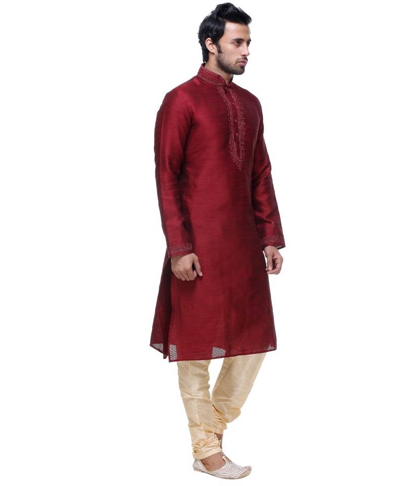 Maroon Embroidered Silk Sherwani