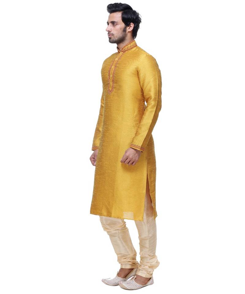 Yellow Embroidered Silk Sherwani