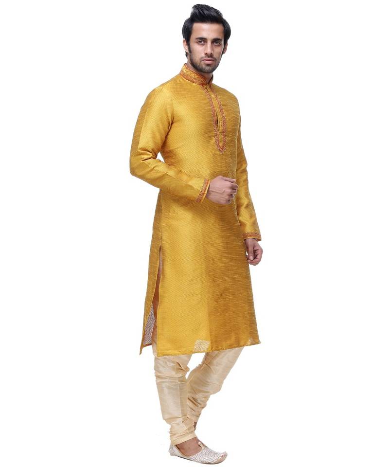 Yellow Embroidered Silk Sherwani
