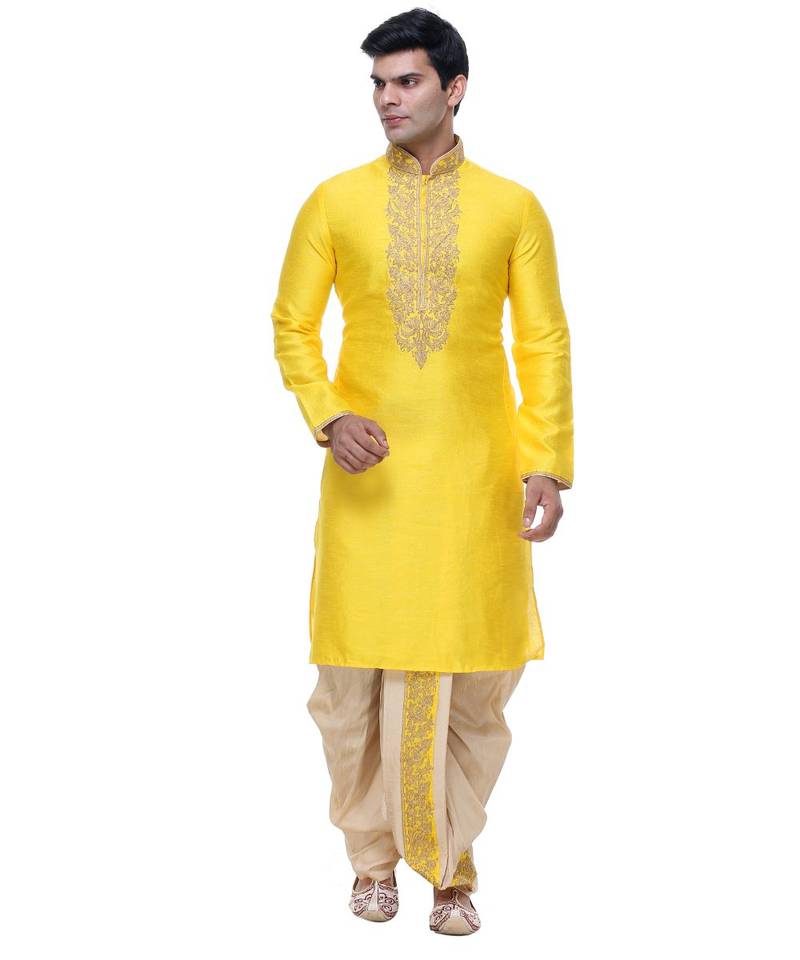 Yellow Embroidered Silk Sherwani
