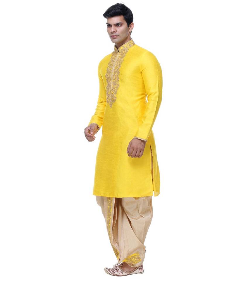 Yellow Embroidered Silk Sherwani