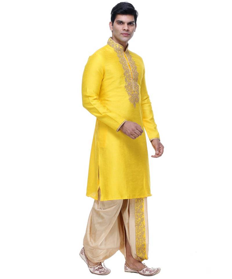 Yellow Embroidered Silk Sherwani