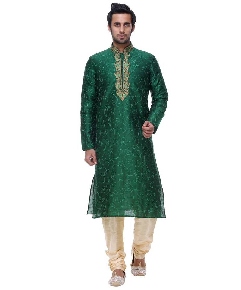 Green Embroidered Silk Sherwani