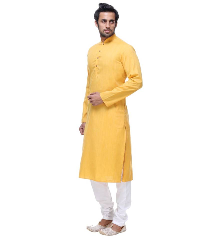 Yellow Embroidered Cotton Sherwani