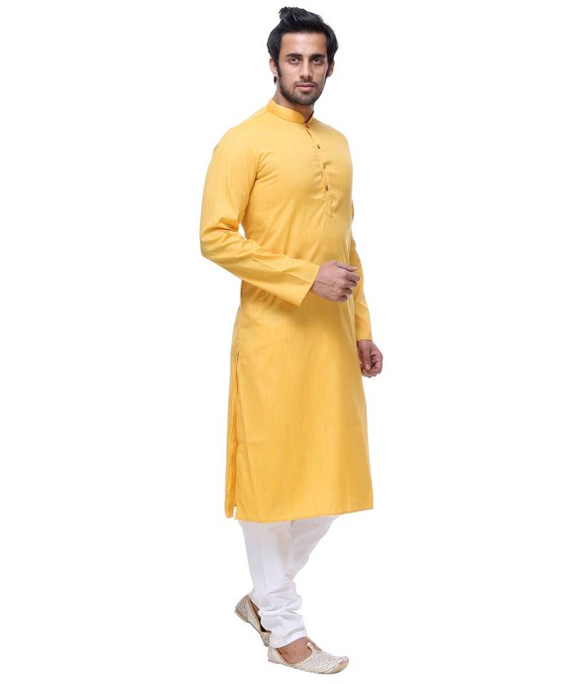 Yellow Embroidered Cotton Sherwani