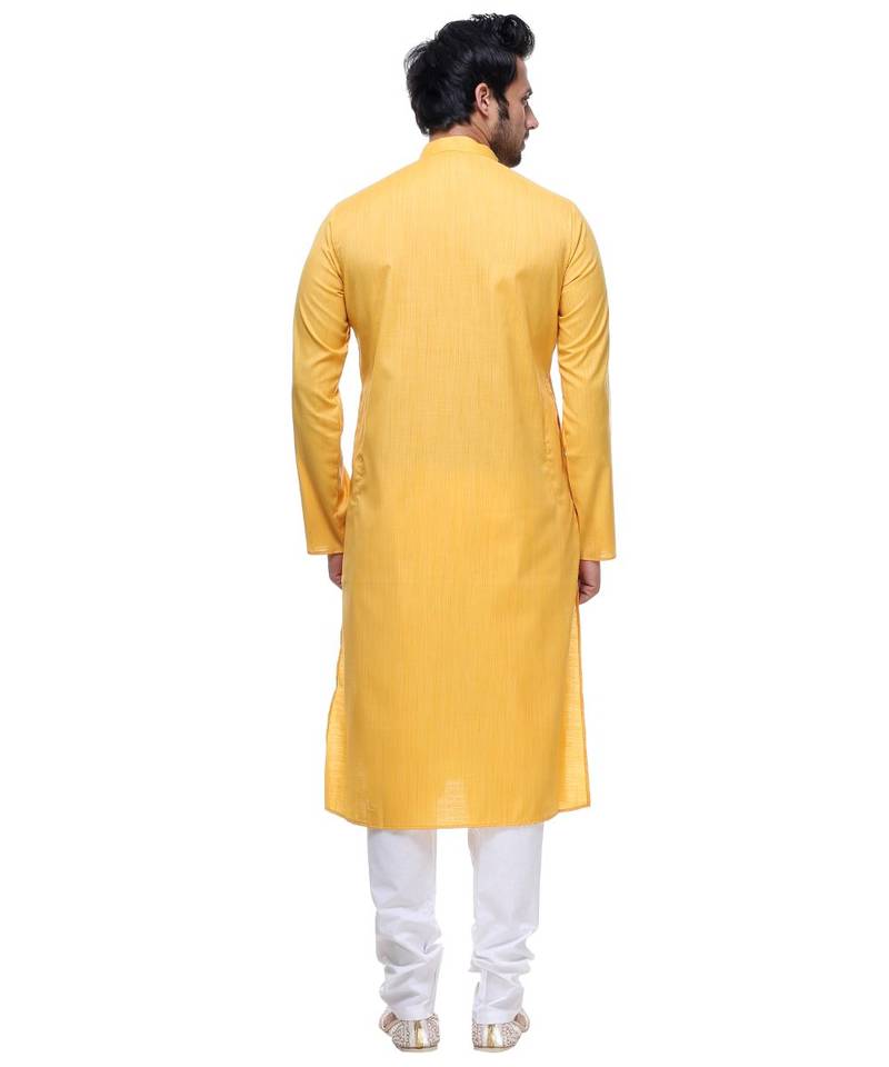Yellow Embroidered Cotton Sherwani