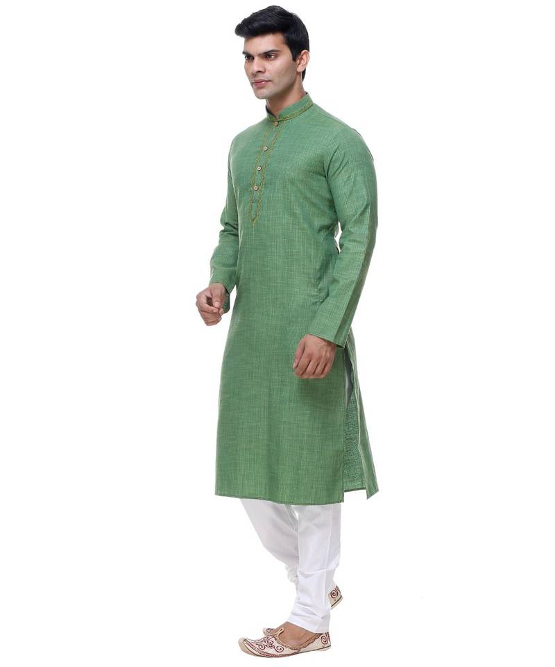Green Embroidered Cotton Sherwani