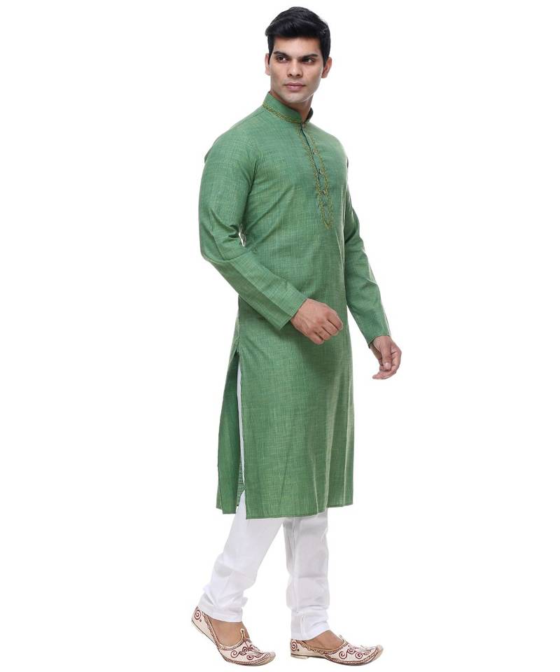 Green Embroidered Cotton Sherwani