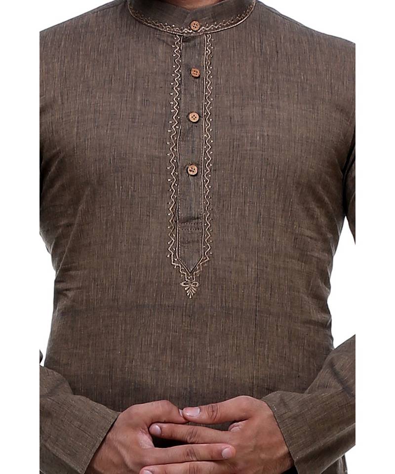 Brown Embroidered Cotton Sherwani