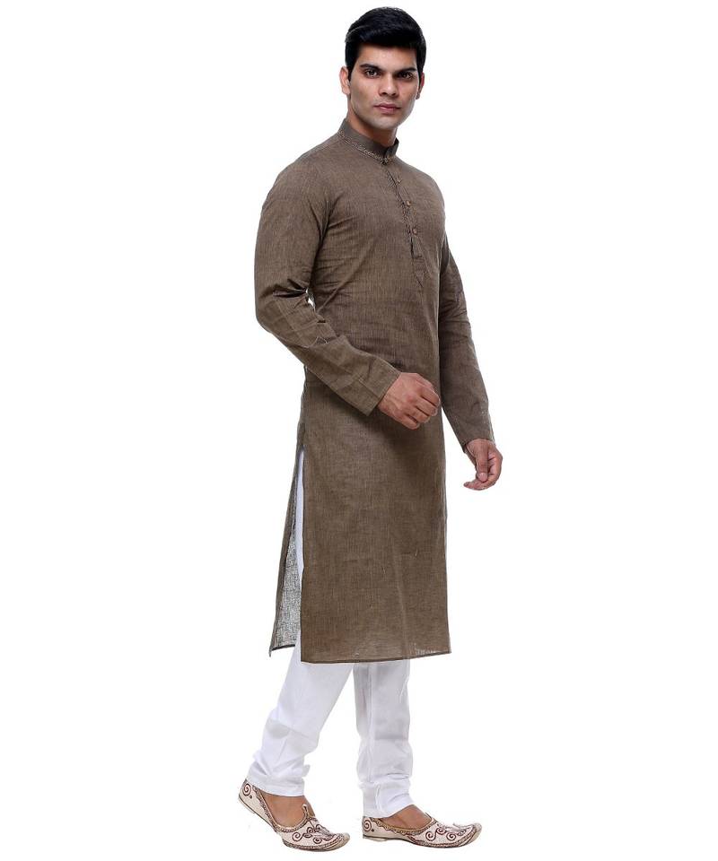 Brown Embroidered Cotton Sherwani
