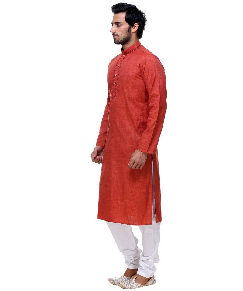 Maroon Embroidered Cotton Sherwani