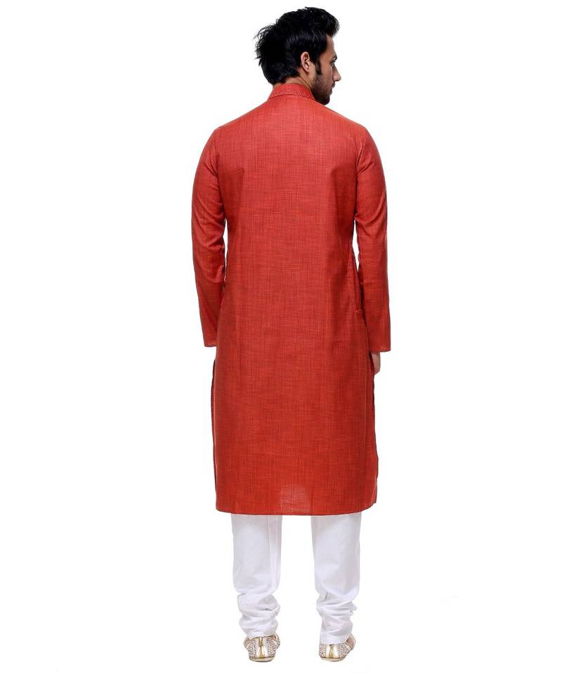 Maroon Embroidered Cotton Sherwani