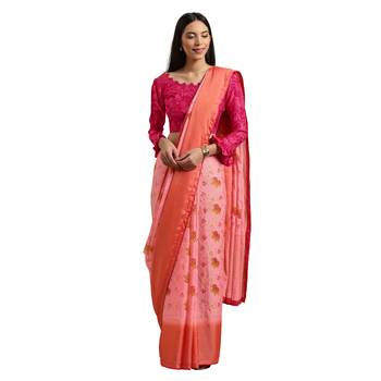 Peach printed silk blend saree with blouse 1