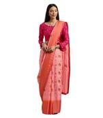 Peach printed silk blend saree with blouse