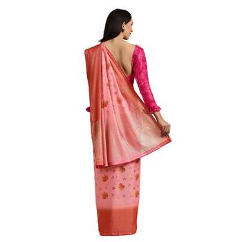 Peach printed silk blend saree with blouse 2