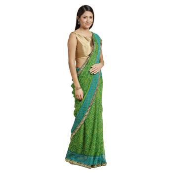 Green printed georgette saree with blouse 1