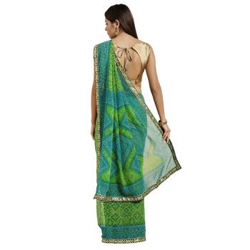 Green printed georgette saree with blouse 2