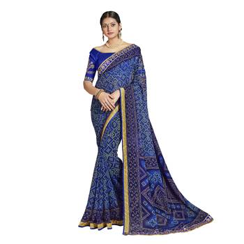 Navy blue printed georgette saree with blouse 1
