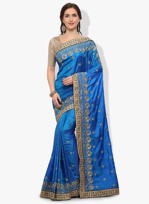 Blue embroidered silk blend saree with blouse 1